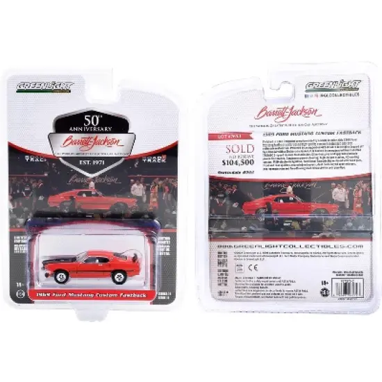 1969 Ford Mustang Custom Fastback Race Red with Black Hood and Stripes (Lot #765.1) 1/64 Diecast Model Car by Greenlight image {2}