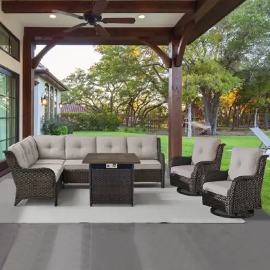 POCASSY 5PCS Outdoor Furniture Set with 30" Propane Fire Pit Table, Outdoor L Shaped Couch Set with All Weather Wicker Sectional Sofa and Swivel Chair image {1}