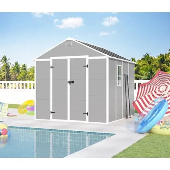 8*8ft resin storage shed, high quality pp material, strong structure, waterproof, rust and UV proof, large storage space, HD window lighting image {16}