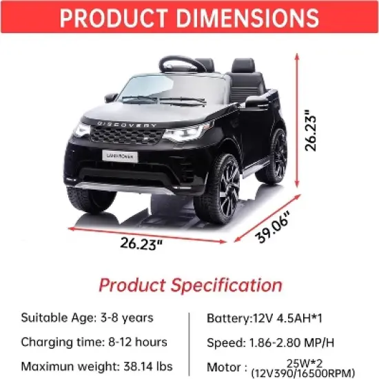 Kids Ride On Cars, Licensed Land Rover, 12V 4.5Ah Battery-Powered Electric Toy Car for Kids,2 Motors, 3 Speeds,Safety Belt image {2}