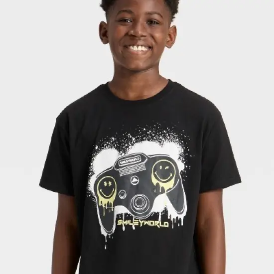 Boys' SmileyWorld Gaming Front and Back Short Sleeve Graphic T-Shirt - Black image {1}