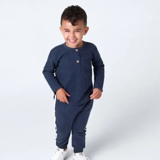 Gerber Toddler Boys' Waffle Knit Henleys - Dusty Blue & Navy - 2-Pack image {6}