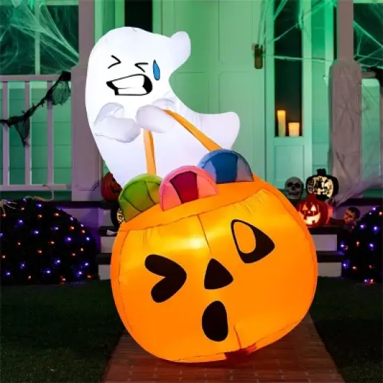 Joyfy 5 FT Halloween Inflatables Outdoor Decorations, Inflatable Cute Ghost Lift Pumpkin Candy Bag with LEDs for Halloween Yard Garden Lawn Decoration image {4}