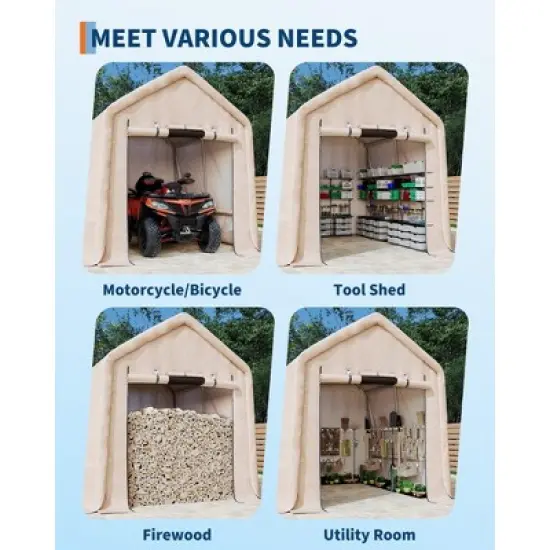 10x10FT Outdoor Storage Shed Carport with  Roll-Up Zipper Door, Portable Garage Storage Shelter Heavy Duty Waterproof PE Tarp for Bike, ATV, Khaki image {3}
