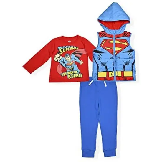 Warner Bros Boy's 3-Pack Superman The Man Of Steel Long Sleeve Graphic Tee, Hooded Vest and Jogger Pant Set image {5}