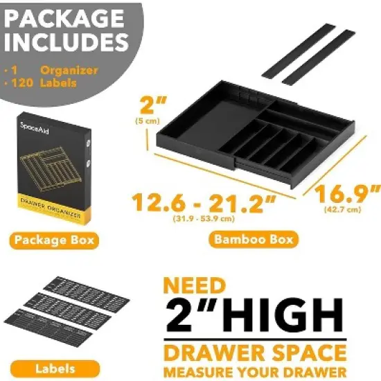 Bamboo Silverware Drawer Organizer with Labels, Expandable(Black, 10 Slots) image {3}