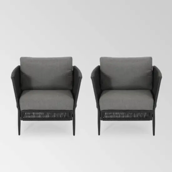 Handford 2pk Aluminum & Rope Club Chair Black/Gray: Weather-Resistant Patio Accent Chairs - Christopher Knight Home image {5}