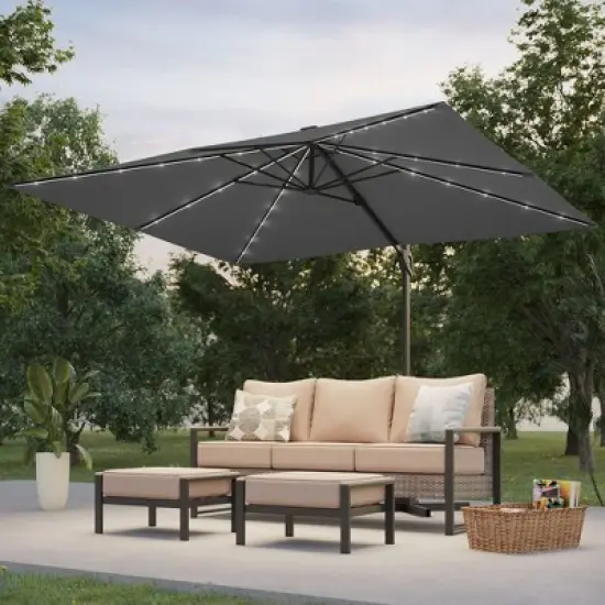 Sonkuki 10x8FT Round Offset Outdoor Patio Solar LED Cantilever Umbrella, 360&deg; Rotation and Canopy Angle Adjustment image {11}