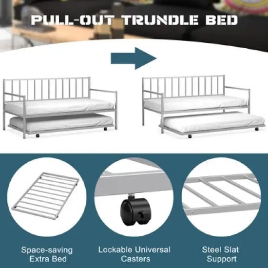 Costway Twin Metal Daybed with Roll Out Trundle Heavy Duty Frame Sofa Bed Set image {3}