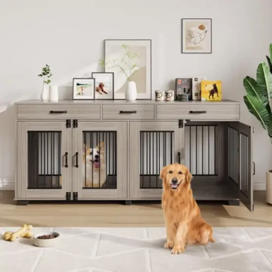 ODK 71" Large Dog Crate Furniture for 2 Dogs with 3 Drawers, Heavy Duty Double Indoor Dog Kennel and TV Stand for Medium Large Dogs image {9}
