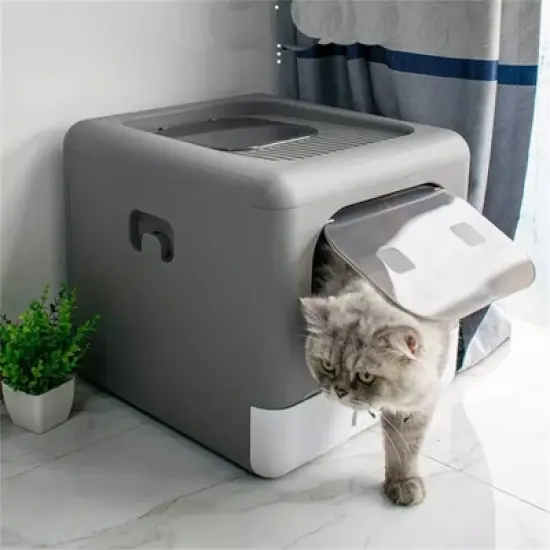 Extra Large Folding Pet Litter Box Portable Durable Cat Gray Litter Toilet Detachable Top Front Entry with Handy Scoop & Remove Tray image {11}
