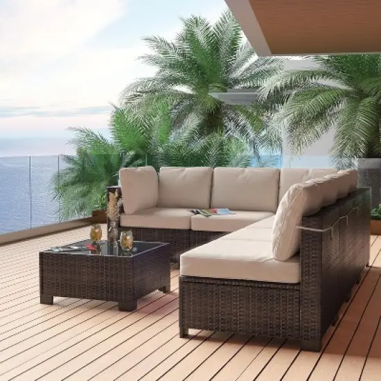 7-Piece Patio Furniture Set, Outdoor Sectional Sofa w/ Dining Table & Thick Cushions, All-Weather PE Wicker for Garden, Deck, Lawn image {3}