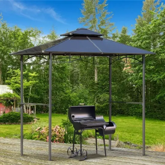 Outsunny 8' x 5' Barbecue Grill Gazebo Tent, Outdoor BBQ Canopy with Side Shelves, and Double Layer PC Roof, Brown image {2}