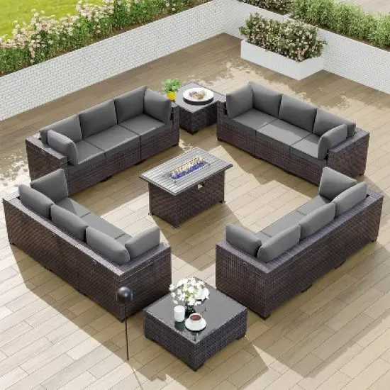 ALAULM 15PCS Outdoor Patio Furniture Set with Gas Propane Fire Pit Table PE Rattan Sectional Sofa Patio Conversation Sets image {7}