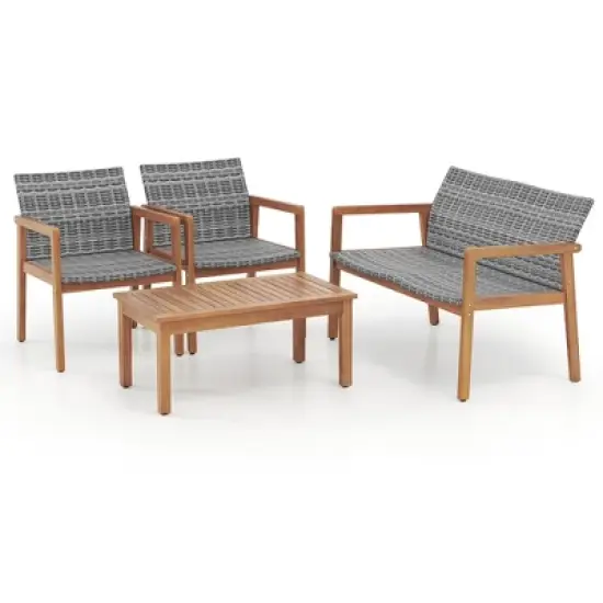 Tangkula 4-Piece Patio Furniture Set PE Rattan Patio Bistro Set with Loveseat Single Chairs & Coffee Table Outdoor Acacia Wood Conversation Set image {9}