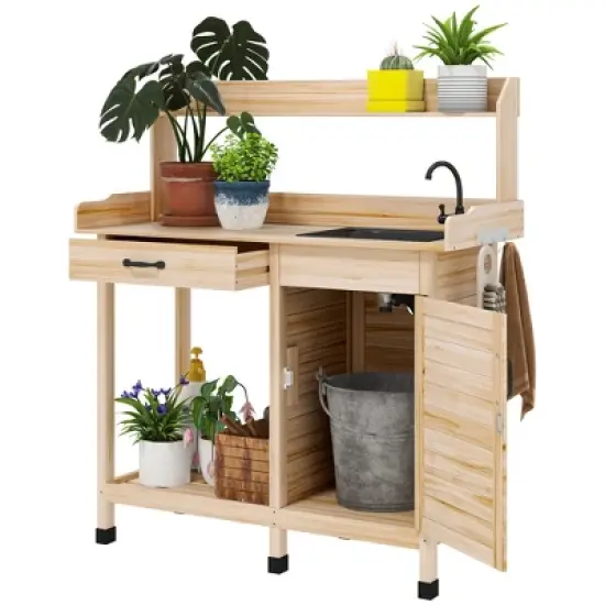 Outsunny Garden Potting Bench Table with Sink, Lockable Storage Cabinet and Open Shelf, Outdoor Planting Workstation with Steel Tabletop image {8}