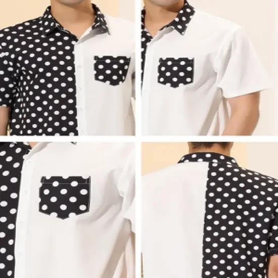 Lars Amadeus Men's Summer Polka Dots Short Sleeves Button Down Patchwork Beach Shirt image {5}
