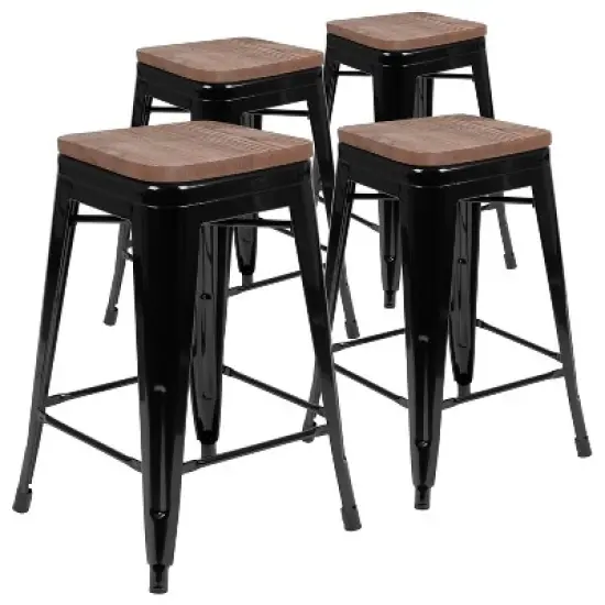 Merrick Lane 24 Inch Tall Stackable Metal Bar Counter Stool With Textured Elm Wood Seat In Set Of 4 image {16}