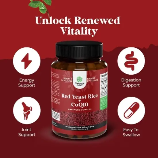 Red Yeast Rice + CoQ10 Advanced Complex Capsule, Support Skin, Heart, Lung & Brain Health, Nature's Craft, 60, 120 or 240ct image {1}