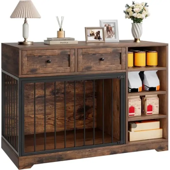 Dog Crate, Wooden Dog Kennel End Table with 2 Drawers and 4 Open Storage Shelves, Removable Bowls image {8}