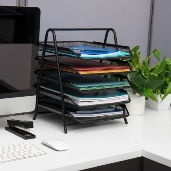 Mind Reader 5-Tier Paper Tray, Desktop Organizer, File Storage, Office, Metal Mesh, 11.75"L x 14"W x 14.5"H, Black image {1}