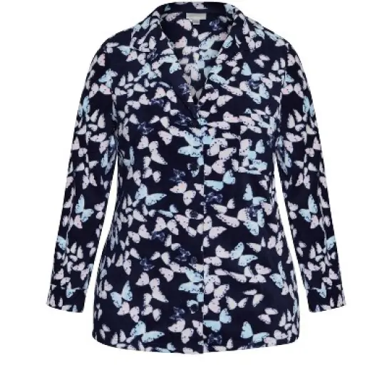 Women's Plus Size Butterfly Button Fleece Sleep Top - Navy | AVENUE image {2}