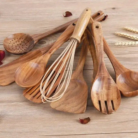 Itopfox Kitchen Utensil Set with Holder, Natural Teak Wood Spoons for Cooking, Includes Spatula, Ladle & More, Non-Scratch Wooden Tools for Cookware image {5}