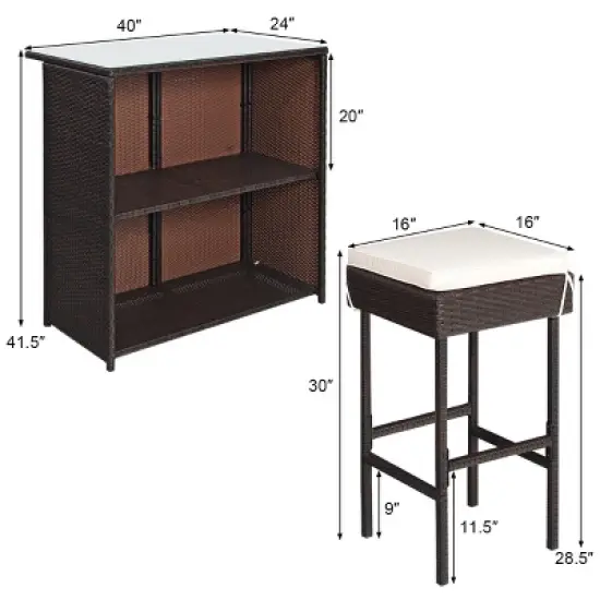 Costway 3PCS Patio Rattan Wicker Bar Table Stools Dining Set Cushioned Chairs Garden image {1}