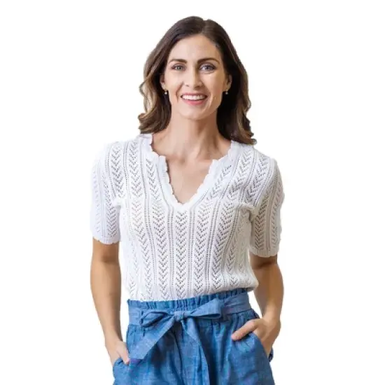 Hope & Henry Womens' Organic Cotton Short Sleeve V-Neck Pointelle Sweater Top image {7}