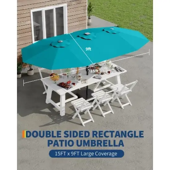 15FT Large Patio Umbrella with Base Included, Oversized Shade for 2-8 People, Double-Sided Rectangle Umbrella, Weighted Base for Pool, Deck, Backyard image {5}