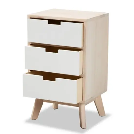 Halian Two-Tone Wood 3 Drawer Nightstand White/Light Brown - Baxton Studio image {4}