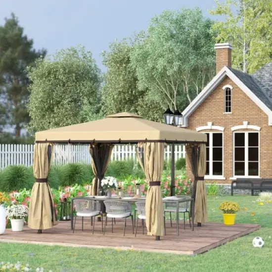 Outsunny 10' x 10' Patio Gazebo Outdoor Canopy Shelter with Double Tier Roof, Netting and Curtains for Garden, Lawn, Backyard and Deck image {1}