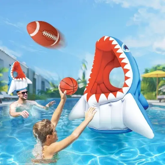 iPlay, iLearn Pool Wave Kids Shark Pool Toy, 3-in-1 Inflatable Float Water Game Basketball Football Head Hoop Toss image {3}