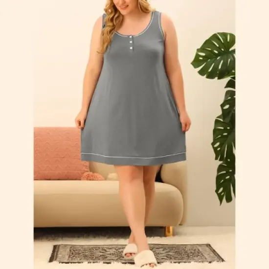 Agnes Orinda Women's Plus Size Faux Placket Sleeveless Round Neck Piping Nightgown image {1}