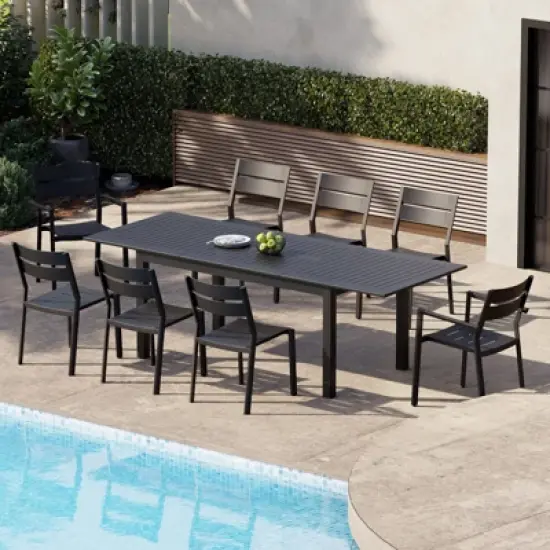 Crestlive products 9pc aluminum patio dinning set 94.49in table and 8 chairs Aluminum top Black for outdoor pool lawn image {2}