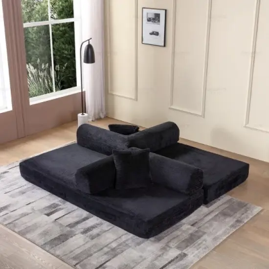 Convertible Sofa Couch with Cylindrical Pillows, Corduroy Folding Floor Sofa with Fixed-Shape Frame for Living Room-Maison Boucle image {5}