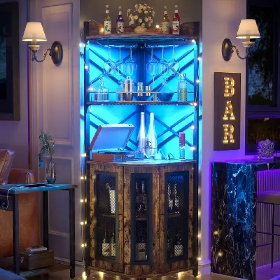 Aheaplus Corner Wine Cabinet with LED Strip and Glass Holder image {7}