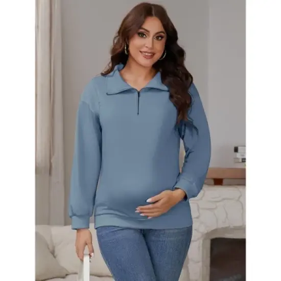INSPIRE CHIC Women's Nursing Maternity Zipper Shirt Pregnancy Long Sleeves Polo Tops Breastfeeding Sweatshirt image {2}