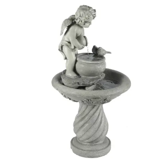 LuxenHome Gray Resin Cherub Birdbath Outdoor Fountain image {3}