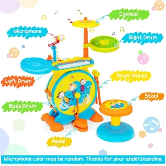 Costway 2-in-1 Kids Electronic Drum Kit Music Instrument Toy w/ Keyboard Microphone Blue image {9}