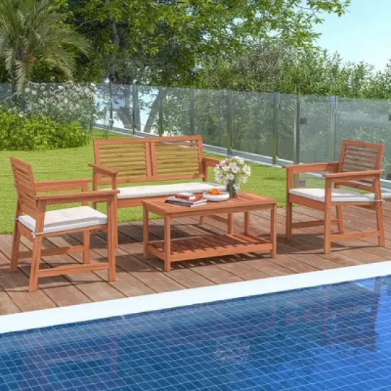 Costway 4 PCS Patio Conversation Set with Soft Seat Cushions 2-Tier Rectangle Coffee Table image {2}