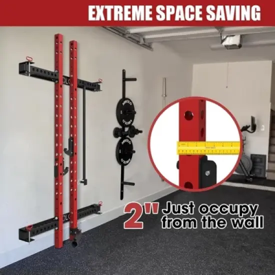 ER Kang 2" x 2" Folding Squat Rack Wall Mounted, Power Rack with Pull Up Bar, J Hooks, Landmine, Space-Saving Home Gym 1000 LBS Capacity, Red image {4}