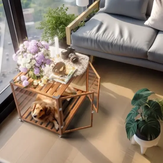 Artloge Modern Extra Large Heavy Duty Dog Crate Tempered Glass Brown Pet Cage with Anti-Rust Aluminum Frame Lockable Casters & Spacious Interior,L image {4}