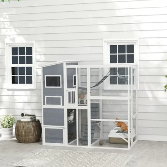 PawHut Catio Outdoor Cat Enclosure, 76" Large Wooden Cat House with 4 Tier Resting Rooms, 3 Platforms, 1 Soft Ladder, 2 Ramps, 1 Hammock, Gray image {1}