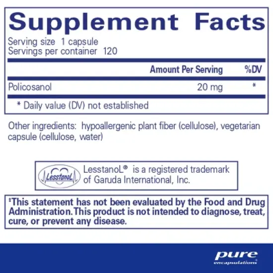 Pure Encapsulations Policosanol 20 mg - Hypoallergenic Supplement Supports Healthy Lipid Metabolism and Cardiovascular Function - 120 Capsules image {1}
