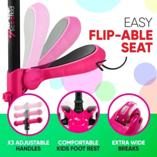 Hurtle ScootKid 3 Wheel Toddler Child Mini Ride On Toy Tricycle Scooter with Adjustable Handlebar, Foldable Seat, and LED Light Up Wheels, Pink image {4}