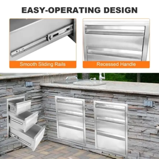 16" W x 21" H x 23" D Stainless Steel Flush Mount BBQ Drawers with Grooved Handle,for Outdoor Kitchen Island or Patio Grill Station image {3}