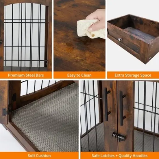 Dog Crate Furniture with 3 Doors,39.4" Large Dog Crate with 2 Drawer & Cushion,Wooden Dog House Kennel for Medium/Large Dog image {2}