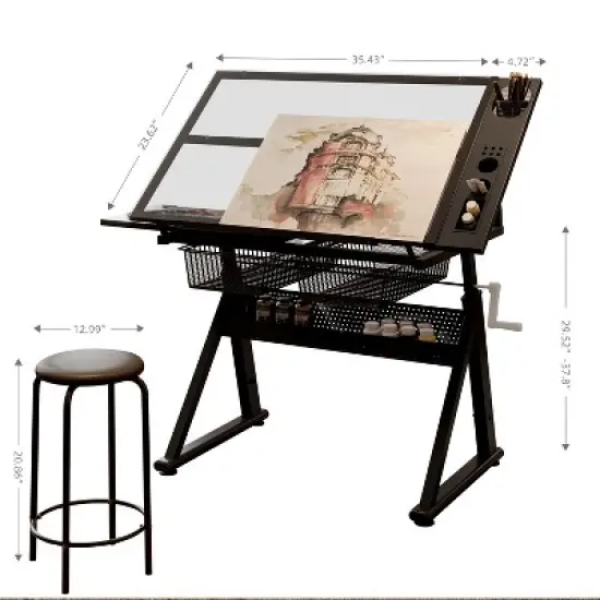 Gulches Hand Crank Adjustable Tempered Glass Drafting Table with Chair 2 Metal Drawers image {2}