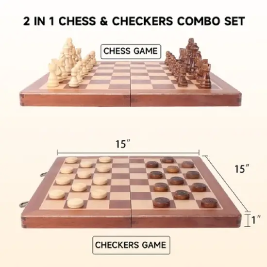 GSE 15" Wooden Folding 2-in-1 Chess and Checkers Board Game Combo Set with Chess Storage Slots Drawer image {1}